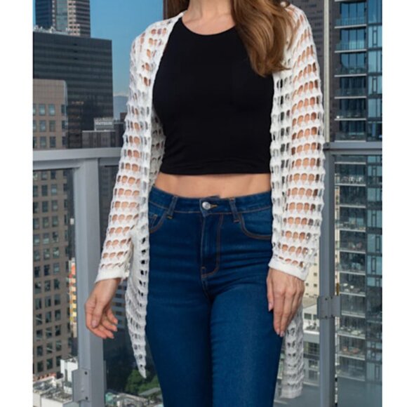 NEW  Ivory Open Knit Long Sleeve Cardigan with Front Pockets. Bohemian Y2K - Picture 4 of 6